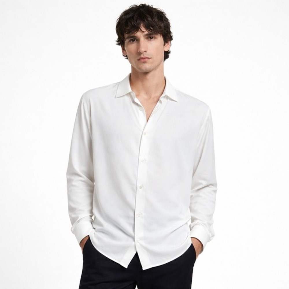Sandro Paris Mens White Long Sleeve Button Down Shirt XS Twill Spread Collar